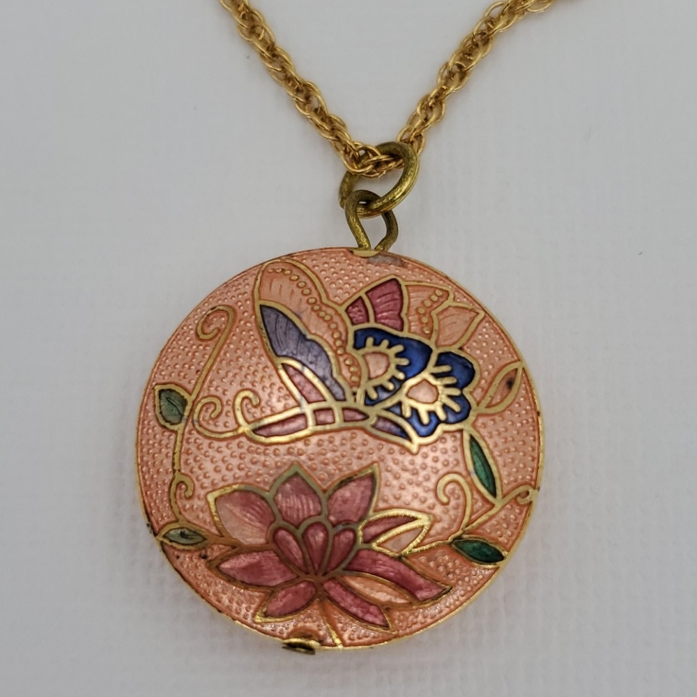 Orange Cloisonne Butterfly & Flower Necklace